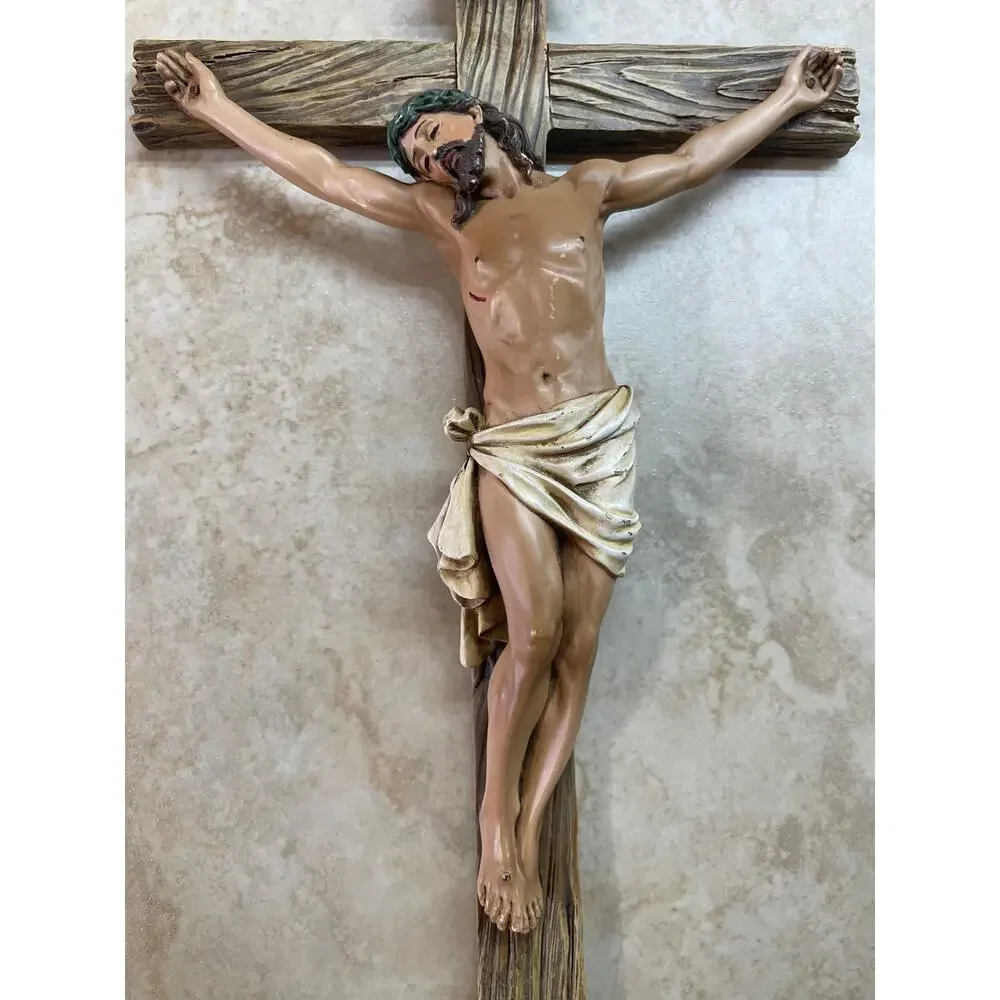 Religious Wall Crucifix Jesus Christ on Cross Faux Wood Grain Catholic Decor
